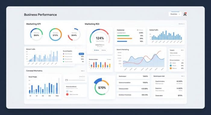 Dashboard showing business performance metrics and charts.