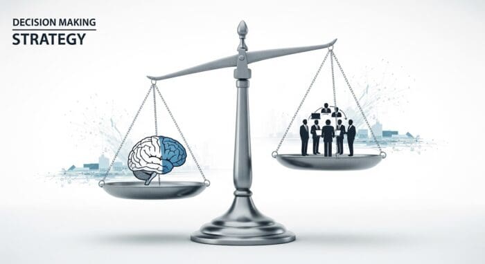 Brain and people balanced on scales symbolizing strategy.