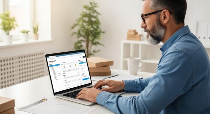 Man working on laptop with Amazon Ads dashboard.