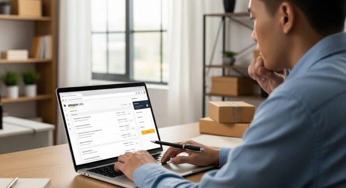 Person using Amazon Ads dashboard on laptop