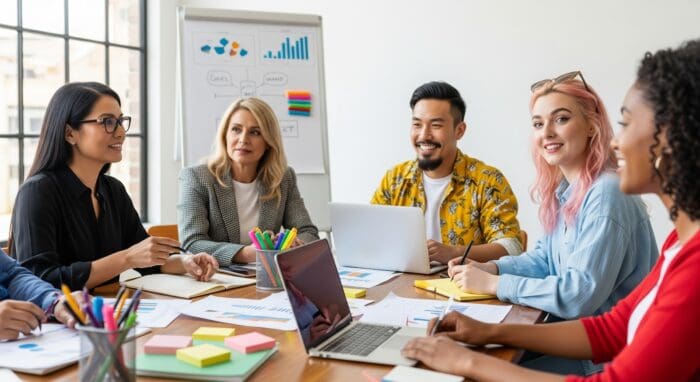 Diverse team collaborating in a business meeting.
