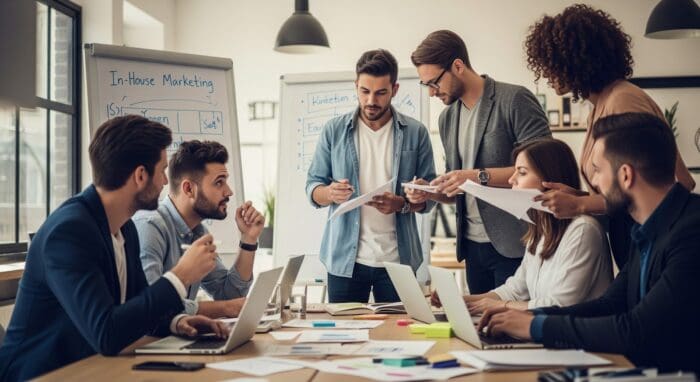 A marketing team discusses agency vs in-house strategies around a table with laptops and sticky notes, while two whiteboards display charts and marketing plans in the background. Team discussing in-house marketing strategies at office.