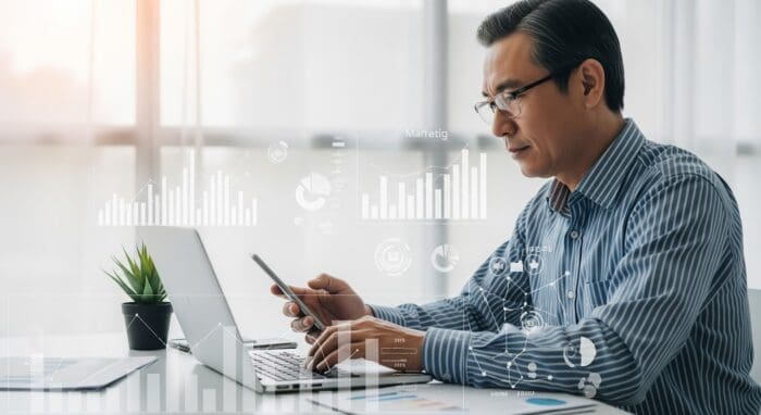 Man analyzing data on laptop and smartphone.