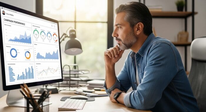 Man analyzing digital marketing campaign performance graphs.