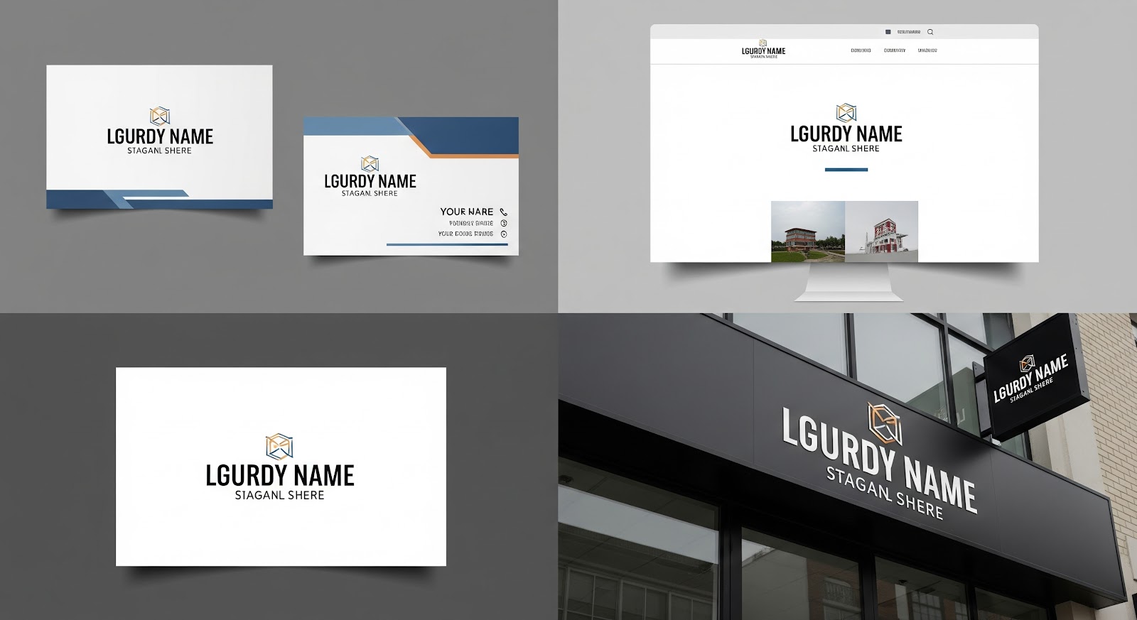Brand design mockups for logo and signage