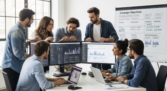 Team discussing analytics in modern office.