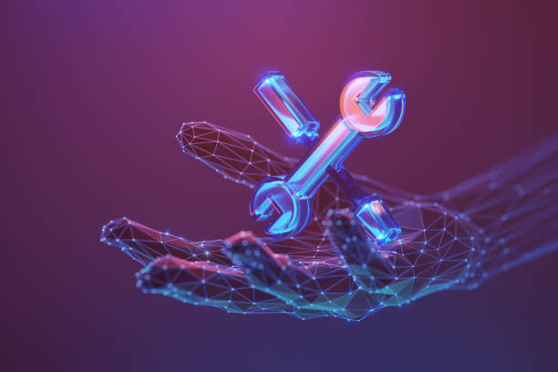 Digital hand holding virtual wrench in hologram.