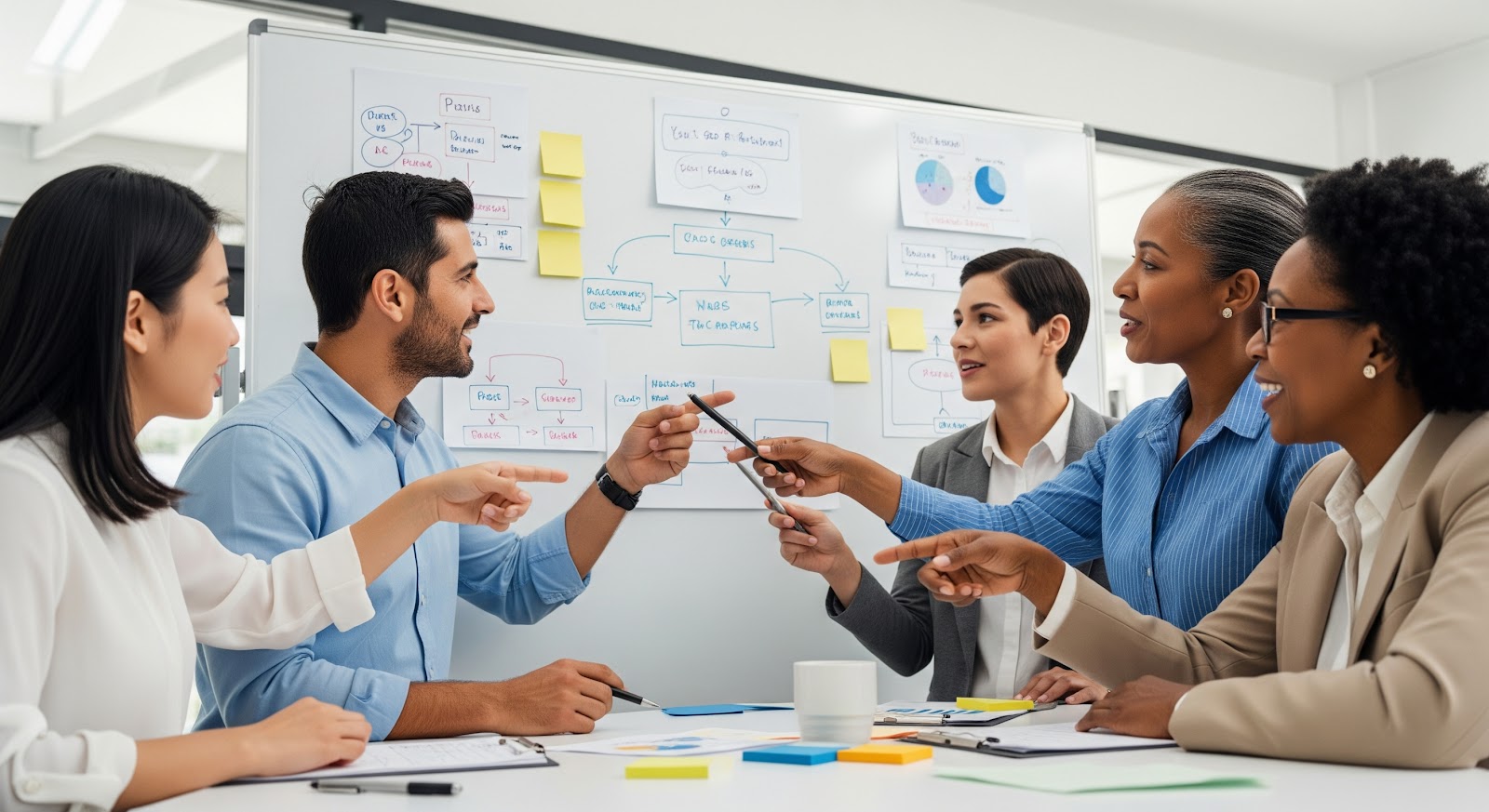 Diverse team discusses project next to whiteboard chart.