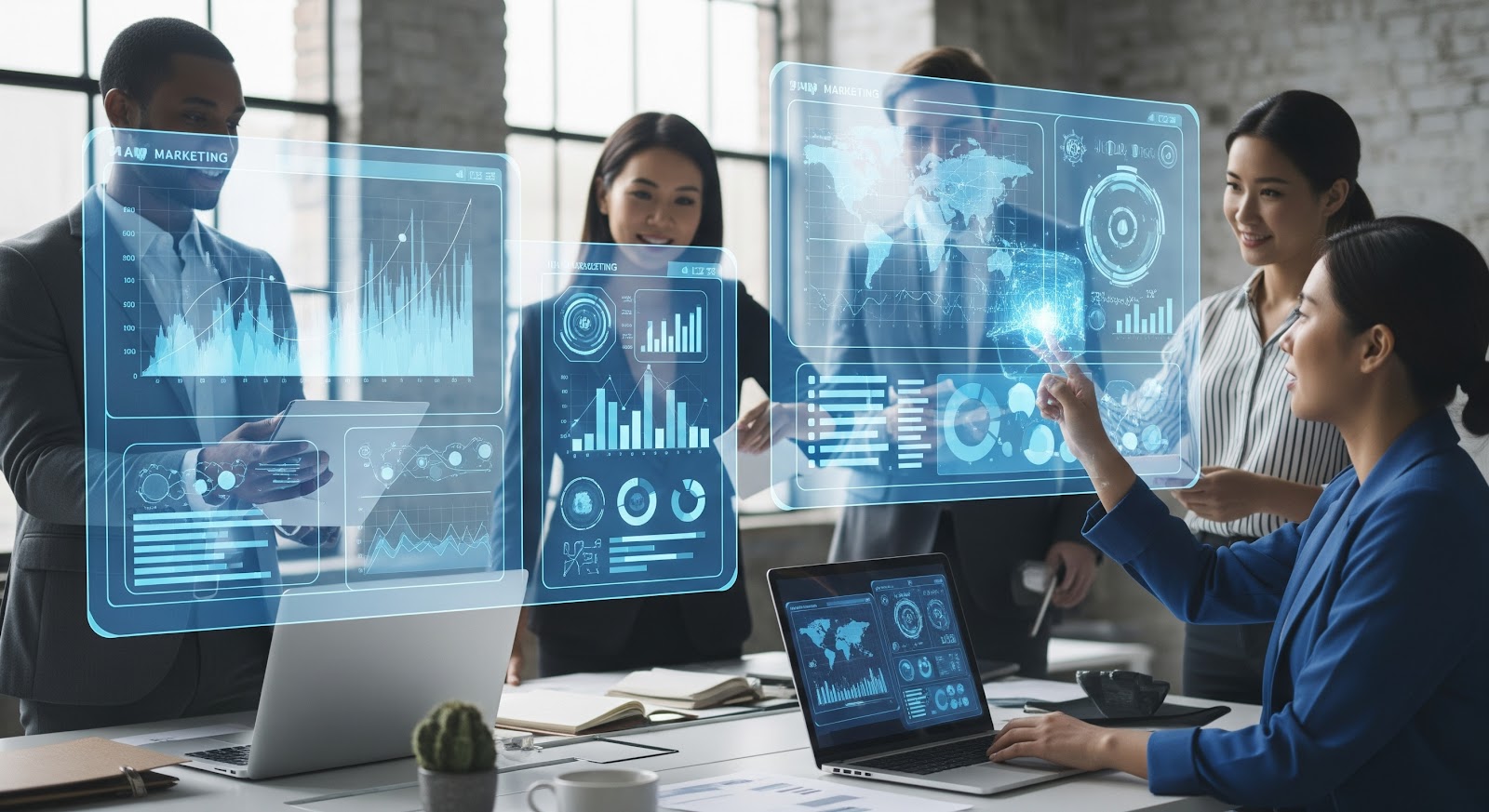 Four business professionals in a modern office interact with large futuristic digital data displays and charts, utilizing marketing automation. A laptop is on the table as the group collaborates to analyze and discuss the displayed information. Team analyzing futuristic digital data displays