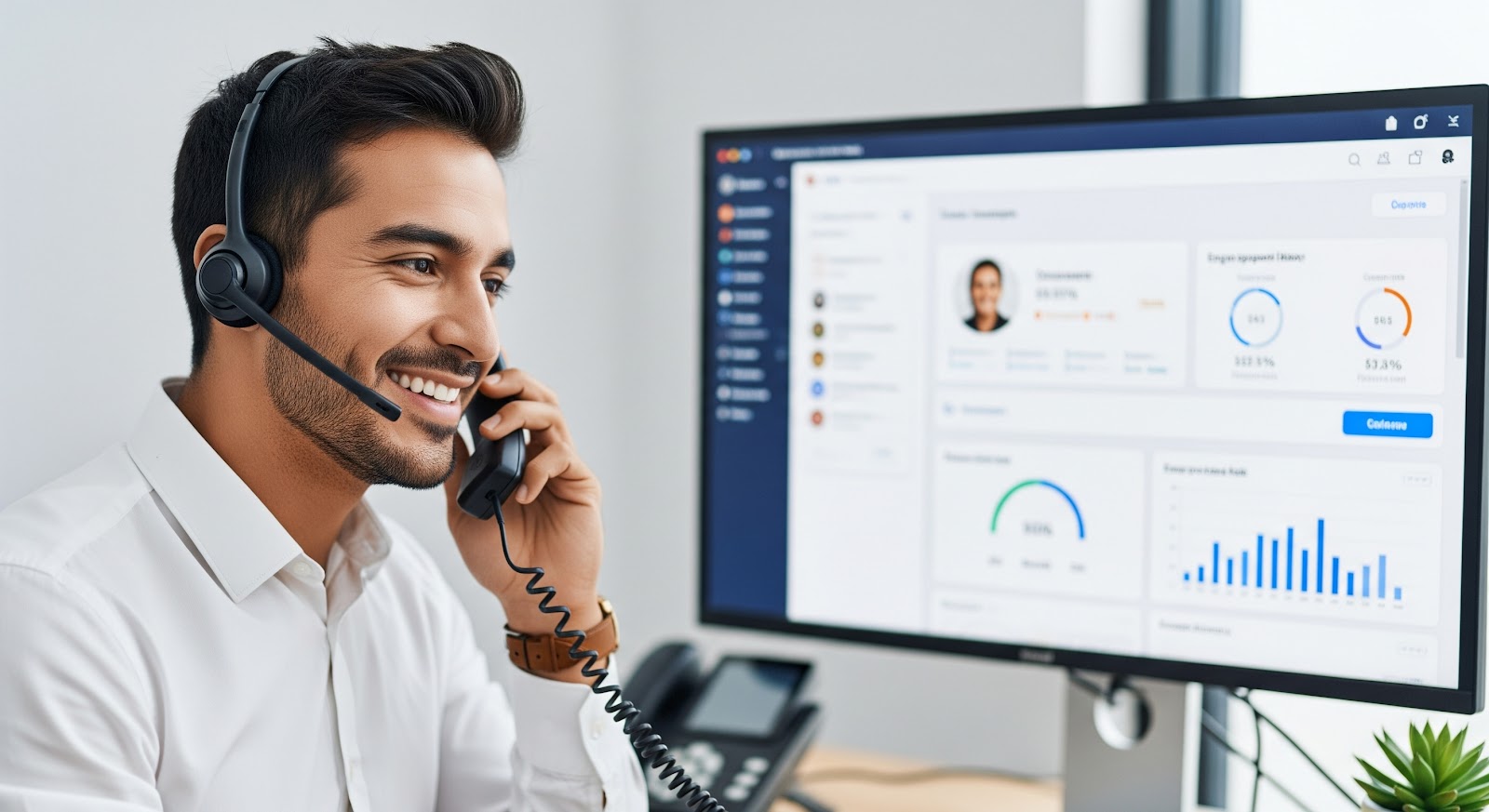 A man wearing a headset smiles while talking on the phone at his desk. A computer monitor in front of him displays data charts and graphs on a CRM system dashboard interface. Smiling man with headset at work desk.