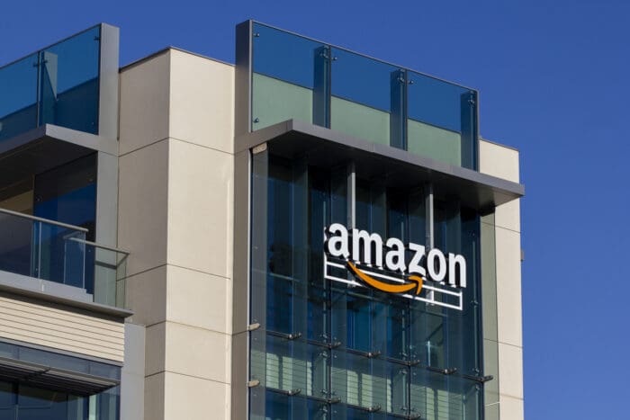 Amazon building exterior with logo.