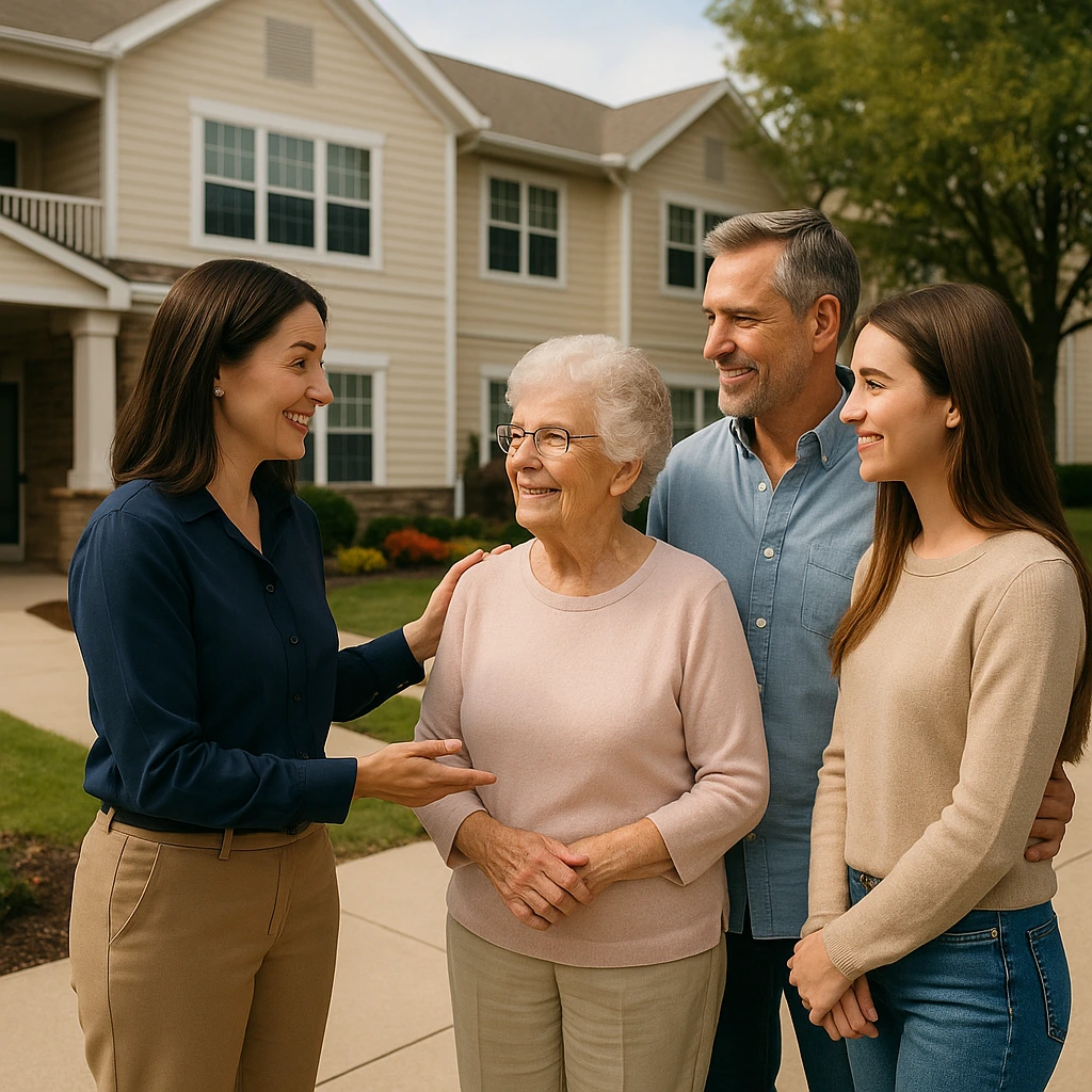Family smiling with real estate agent outside home.