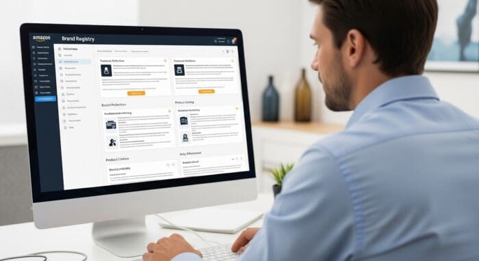 Man using Amazon Brand Registry on desktop computer.