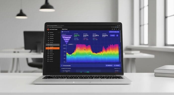Laptop displaying colorful data analytics dashboard.