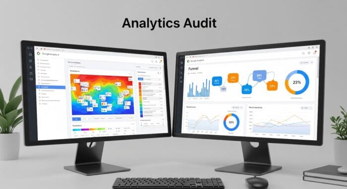 Two monitors displaying analytics reports and graphs.