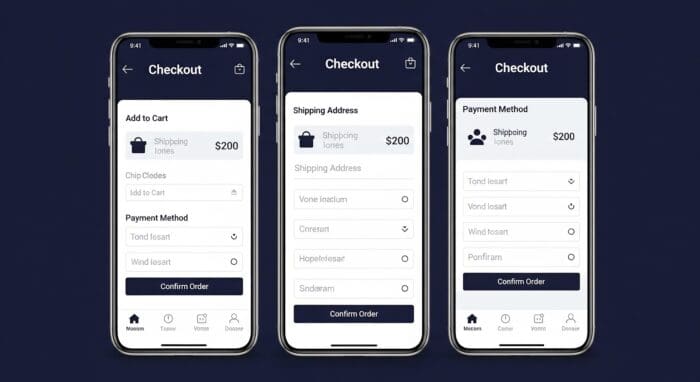 Mobile checkout screens with payment and shipping options.