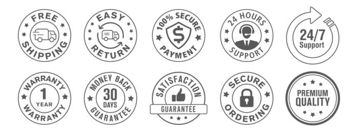Various guarantee and support badges and symbols.