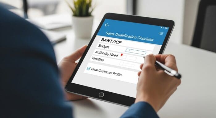 Person using sales qualification checklist on tablet
