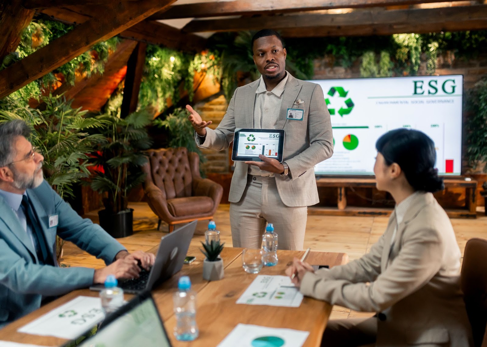 Business presentation on ESG with charts and graphs.